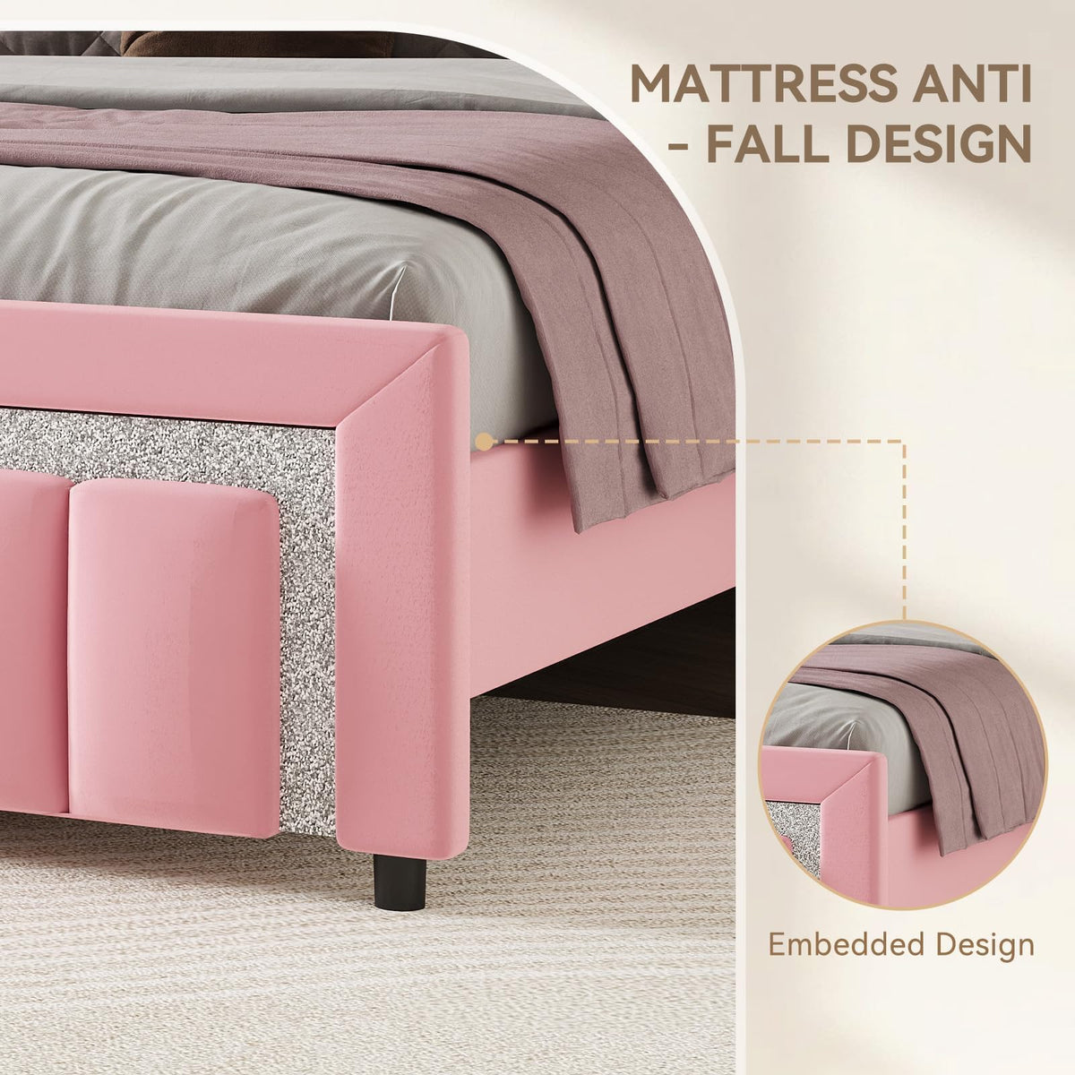 Twin Bed Frames with Upholstered Headboard, Pink N352922