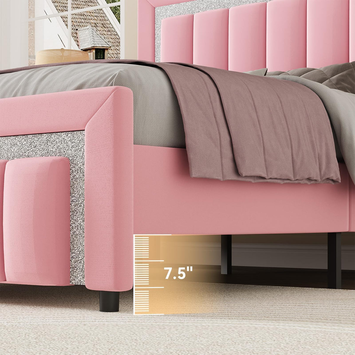 Twin Bed Frames with Upholstered Headboard, Pink N352922