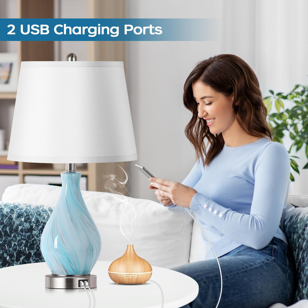 Set of 2 Touch Control Art Glass Table Lamp with USB Ports N96840
