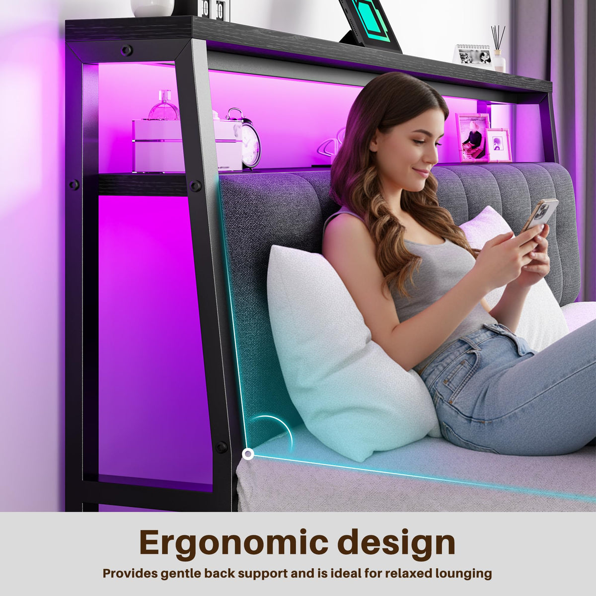 King Bed Frame with Charging Station Black H5533
