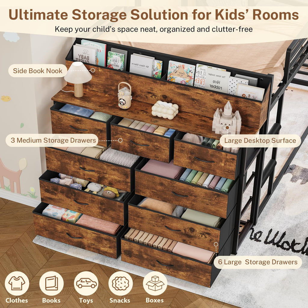 Twin Over Twin Metal Bunk Bed with Storage & LED Lights S29147