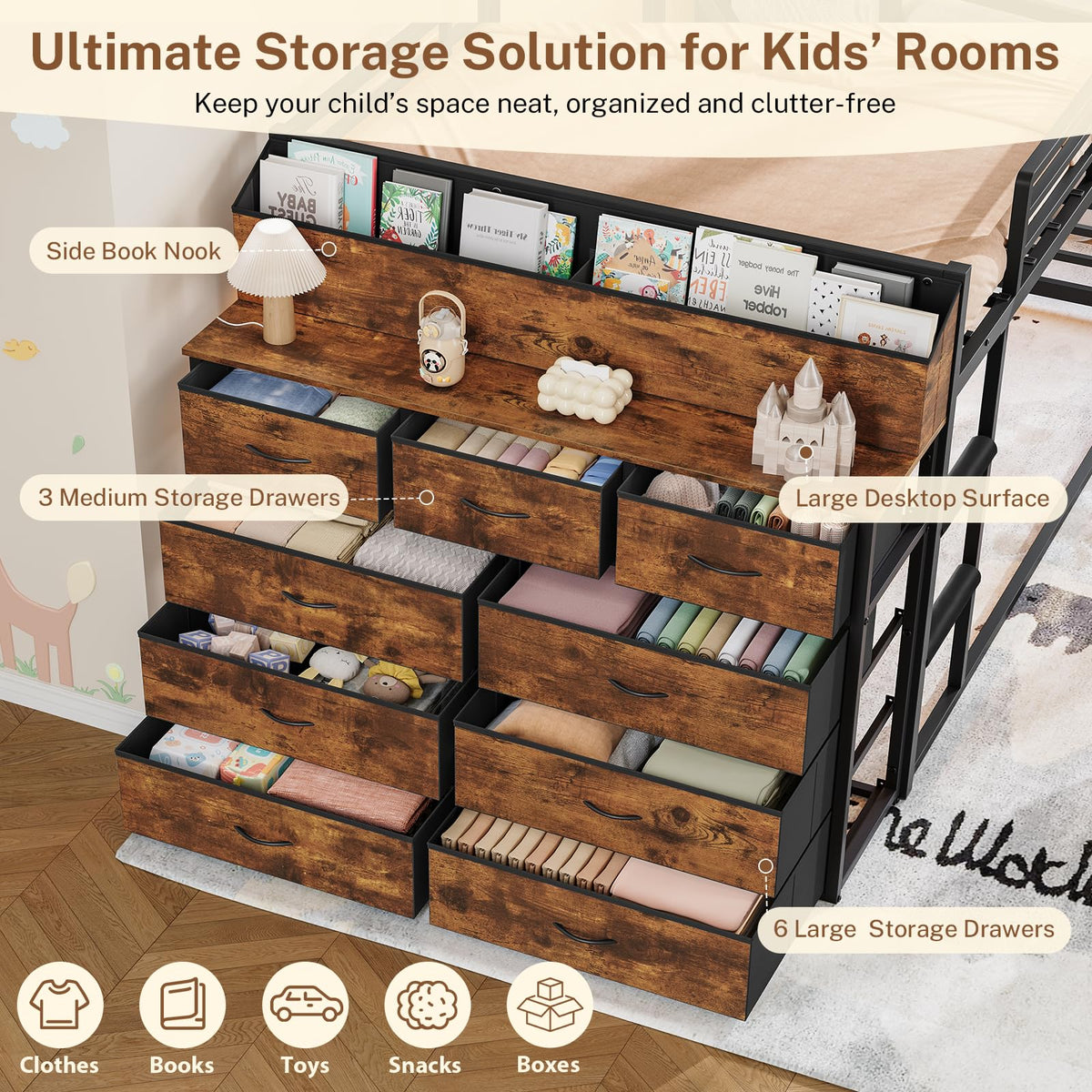 Twin Over Twin Metal Bunk Bed with Storage & LED Lights S29147