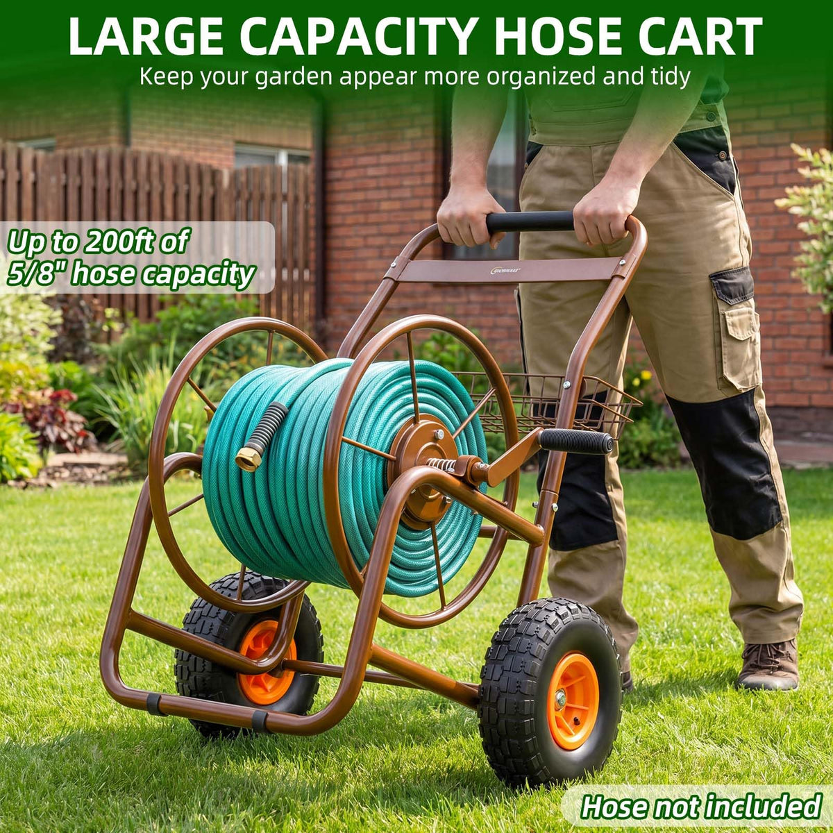 Garden Hose Reel Cart, Heavy Duty Metal with 2 Wheels, Holds 230ft 5/8" W1831