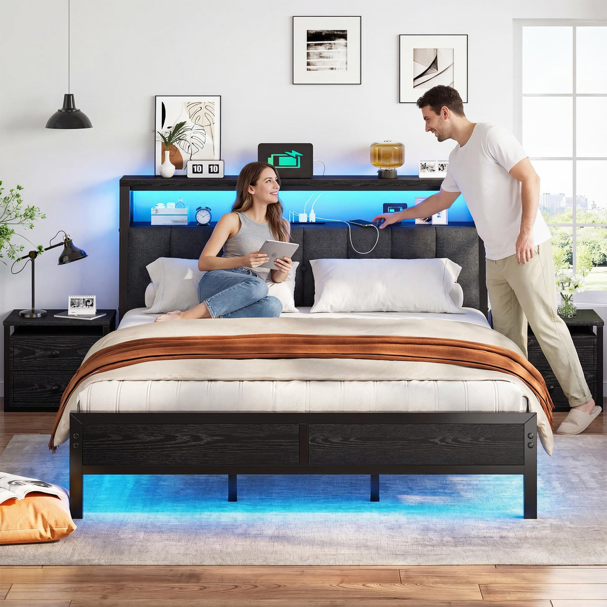 King Bed Frame with Charging Station Black H5533