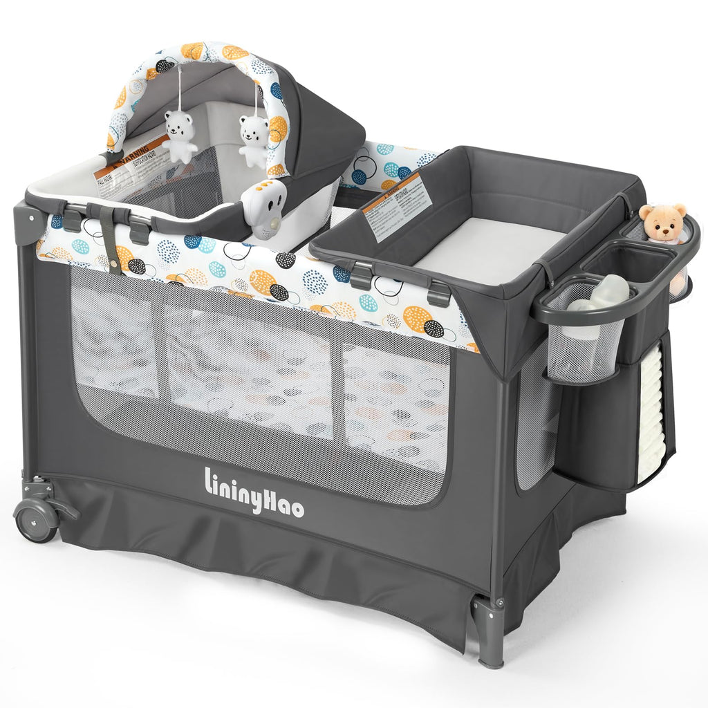 5-in-1 Pack and Play with Bassinet, Changing Table and Mat, Gray W774