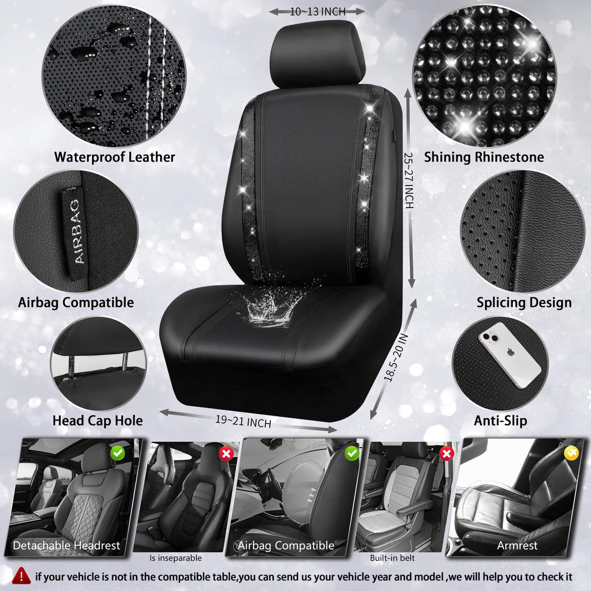 Leather Bling Diamond Car Seat Covers Full Set S7448