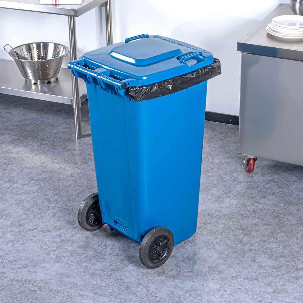 32 gal Blue Plastic Wheeled Trash Can N532859