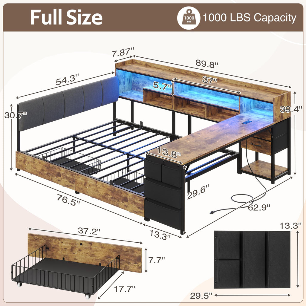 Corner Bed Frame Full Size with Storage & Desk M75508