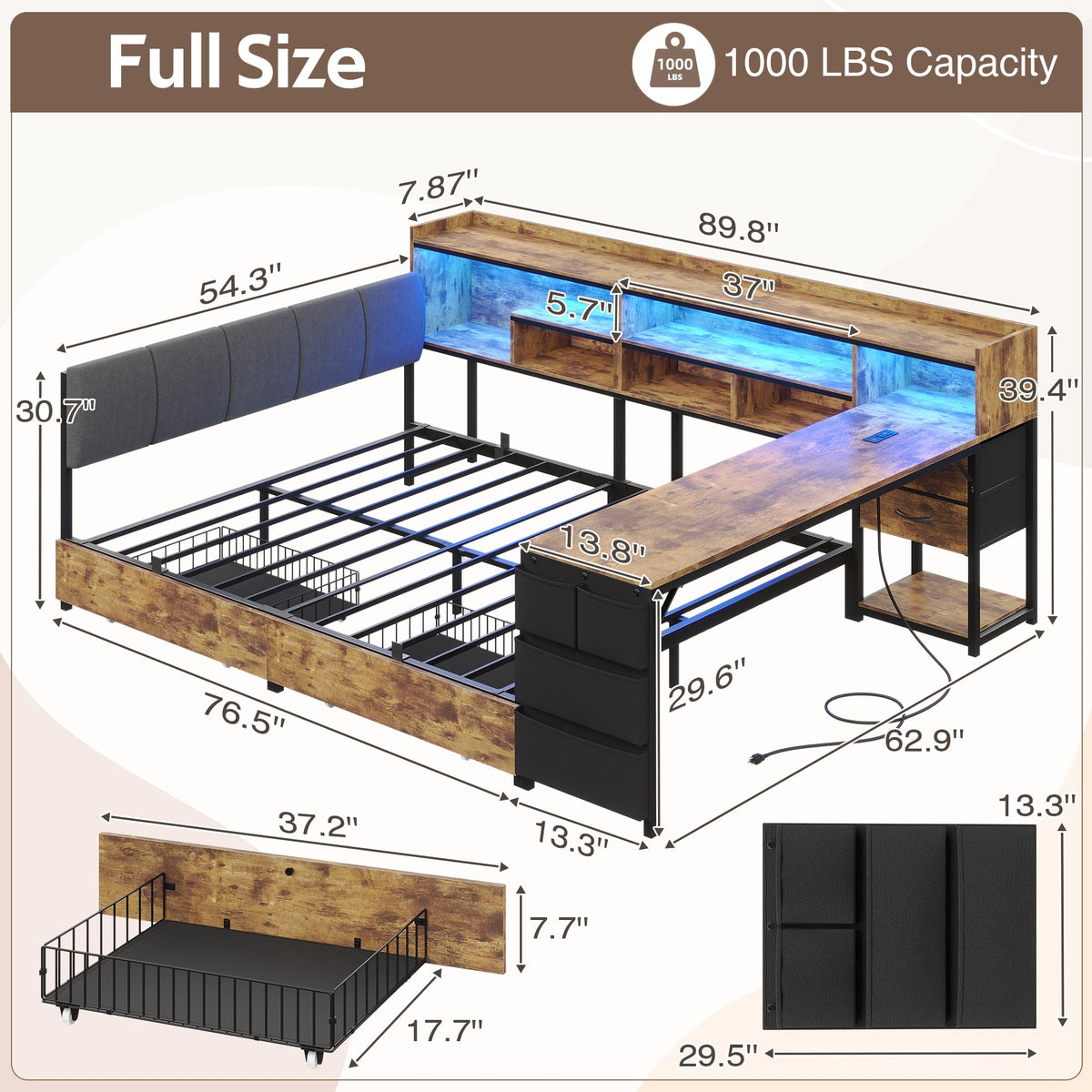 Corner Bed Frame Full Size with Storage & Desk M75508