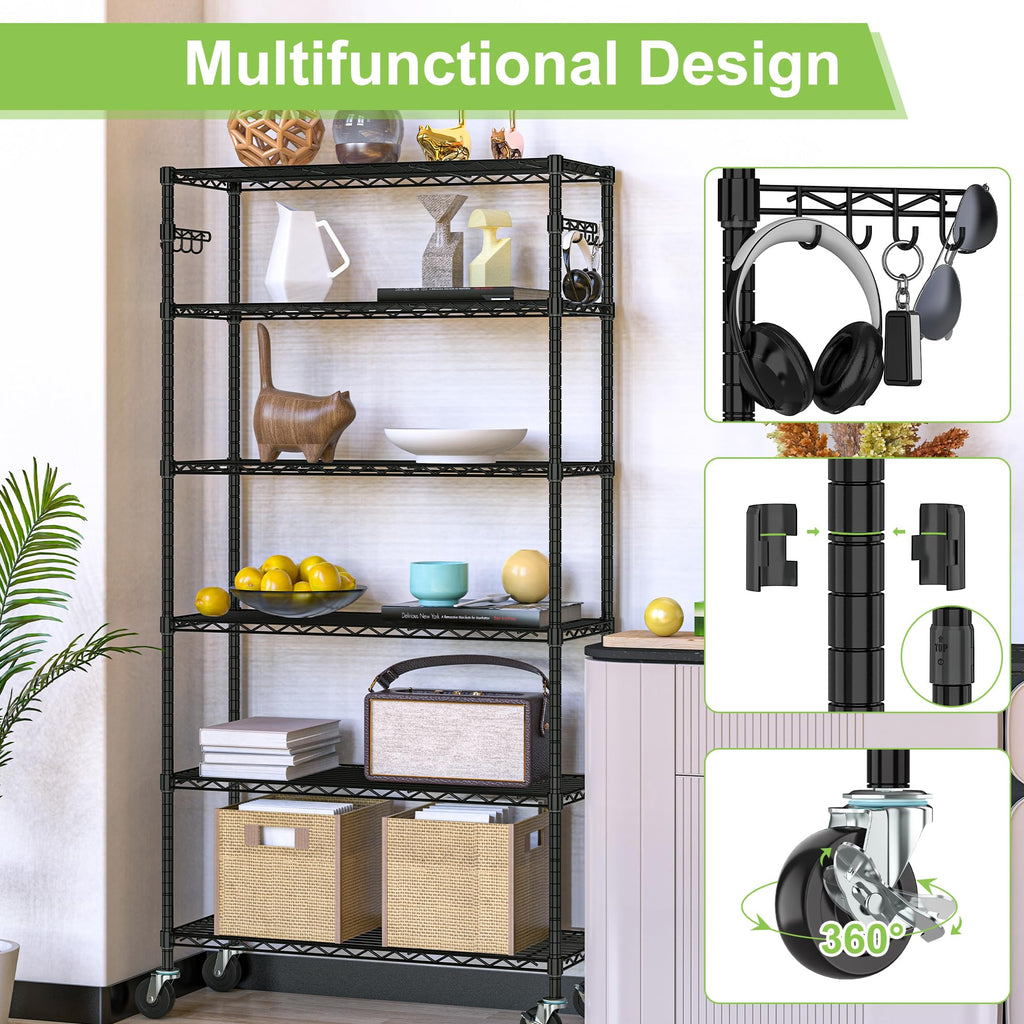 6 Tier Wire Metal Shelving Rack with Wheels Z666779