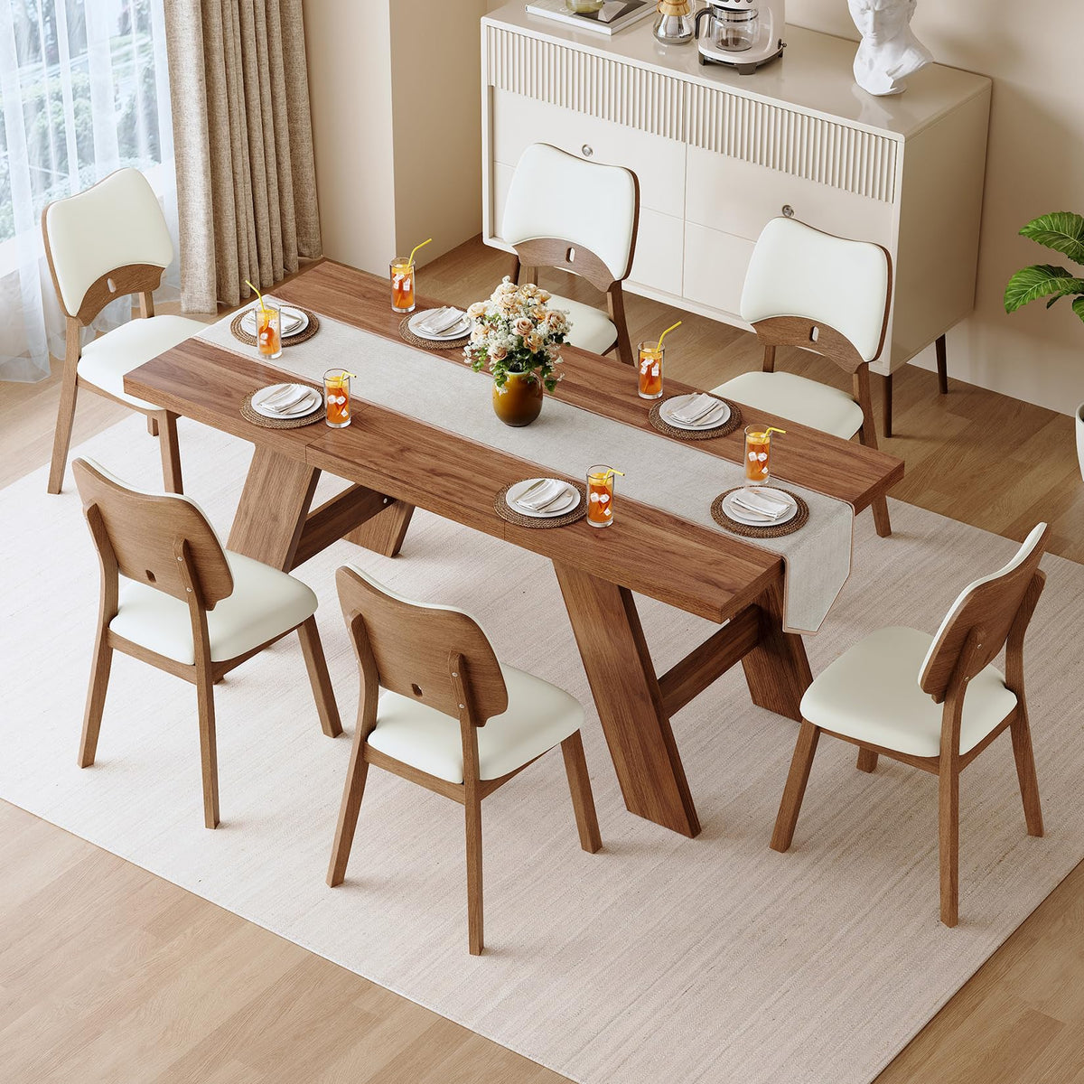 71" 7 Piece Wood Dining Table Set with 6 PU Leather Chairs M5484