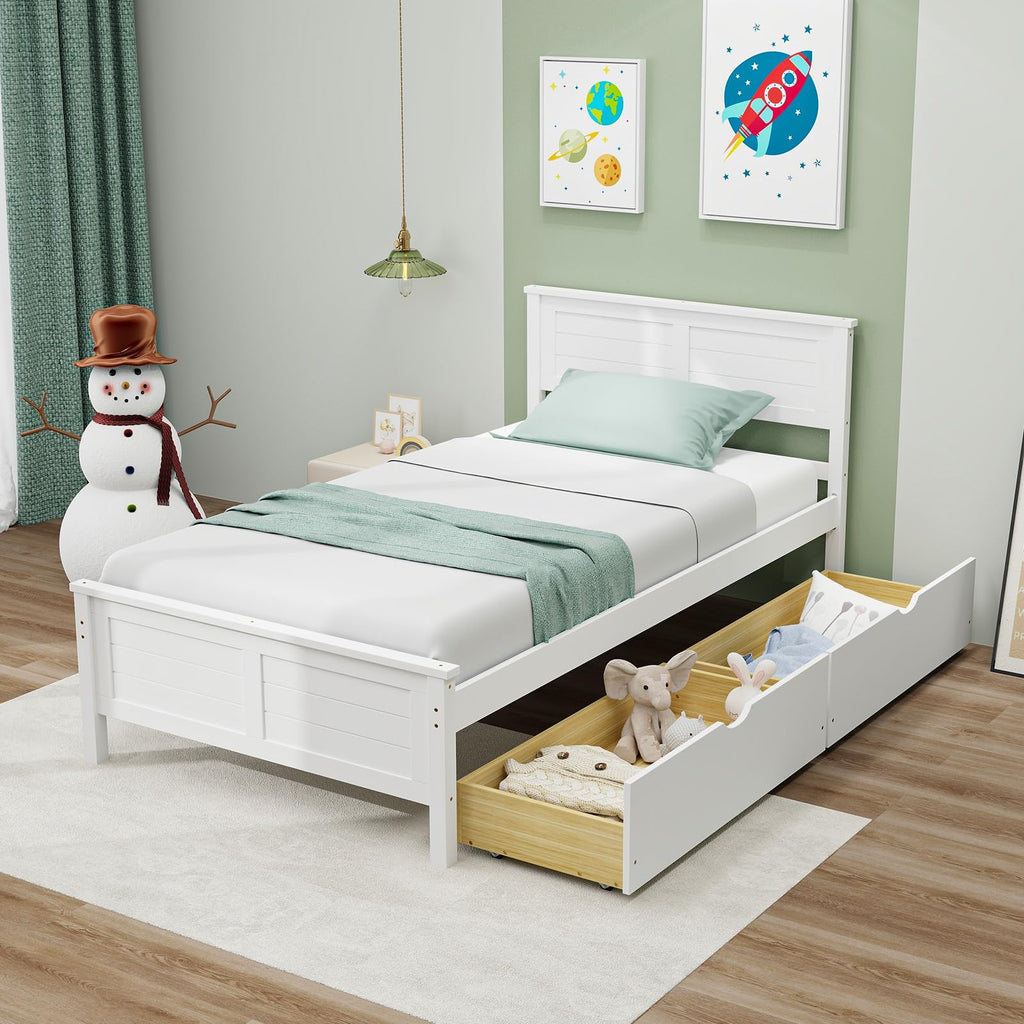 White Wood Twin Bed with 2 Storage Drawers D469