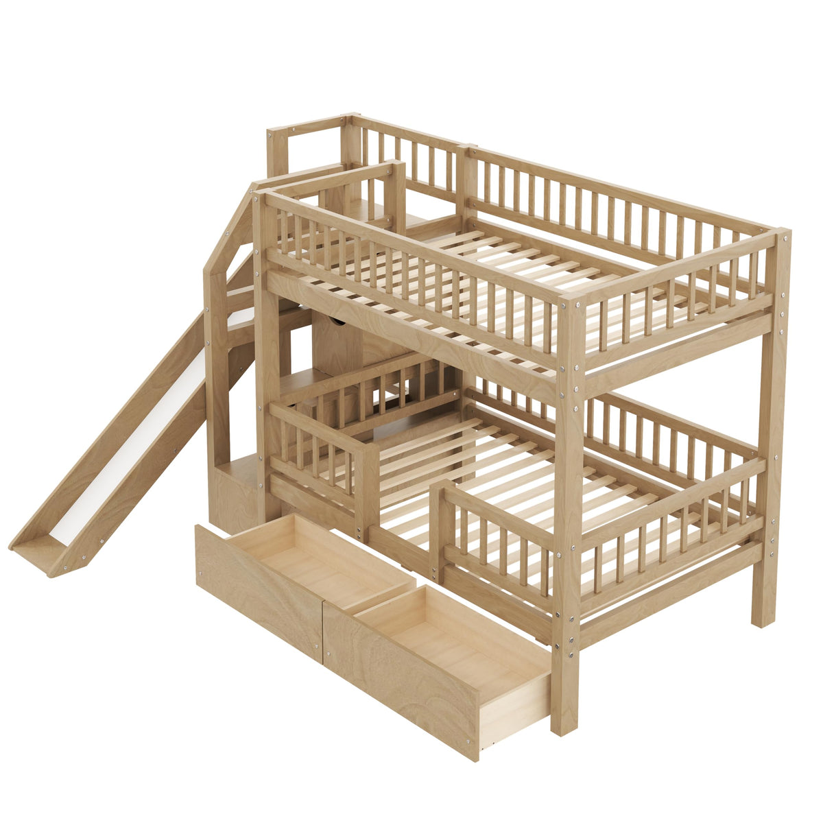 Twin Over Twin Bunk Bed with Slide and Storage Drawers V506