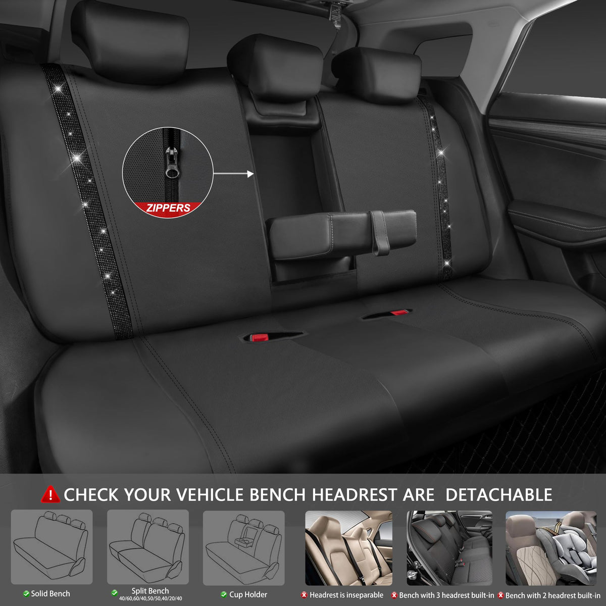 Leather Bling Diamond Car Seat Covers Full Set S7448