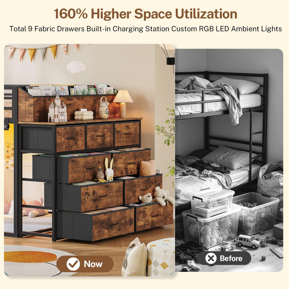 Twin Over Twin Metal Bunk Bed with Storage & LED Lights S29147