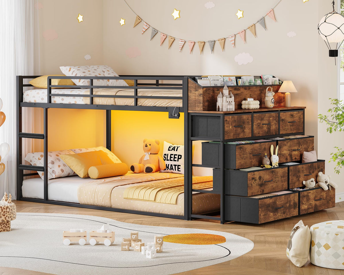 Twin Over Twin Metal Bunk Bed with Storage & LED Lights S29147
