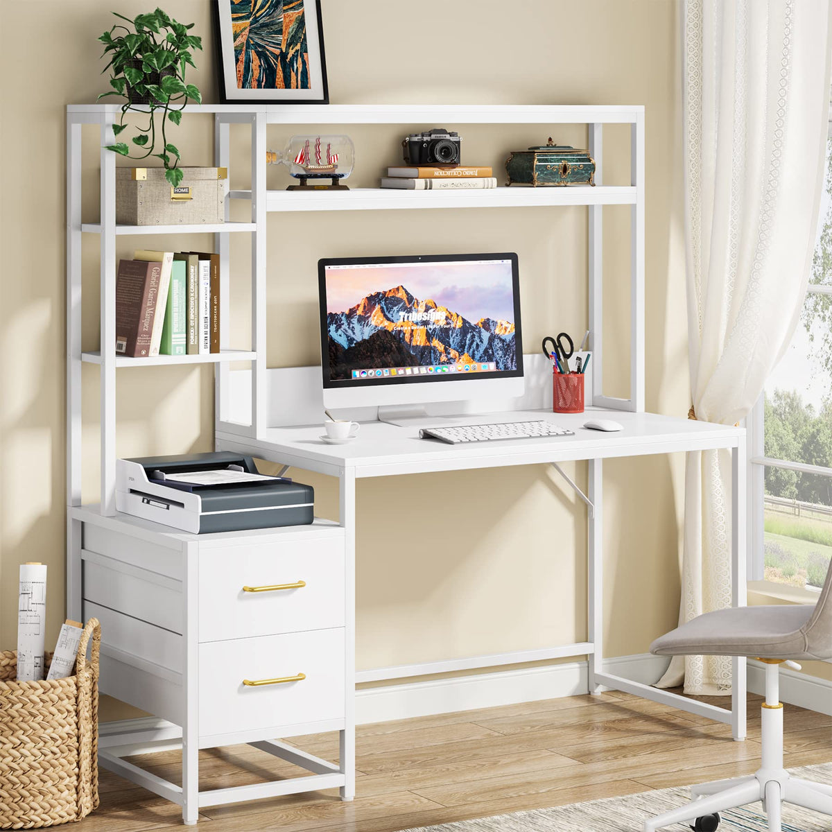 55 Inch Computer Desk with 2 Drawers and Storage Shelves T42839