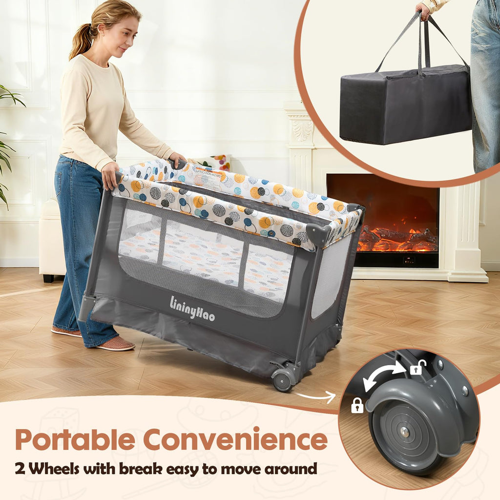 5-in-1 Pack and Play with Bassinet, Changing Table and Mat, Gray W774