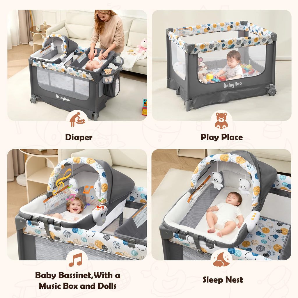 5-in-1 Pack and Play with Bassinet, Changing Table and Mat, Gray W774