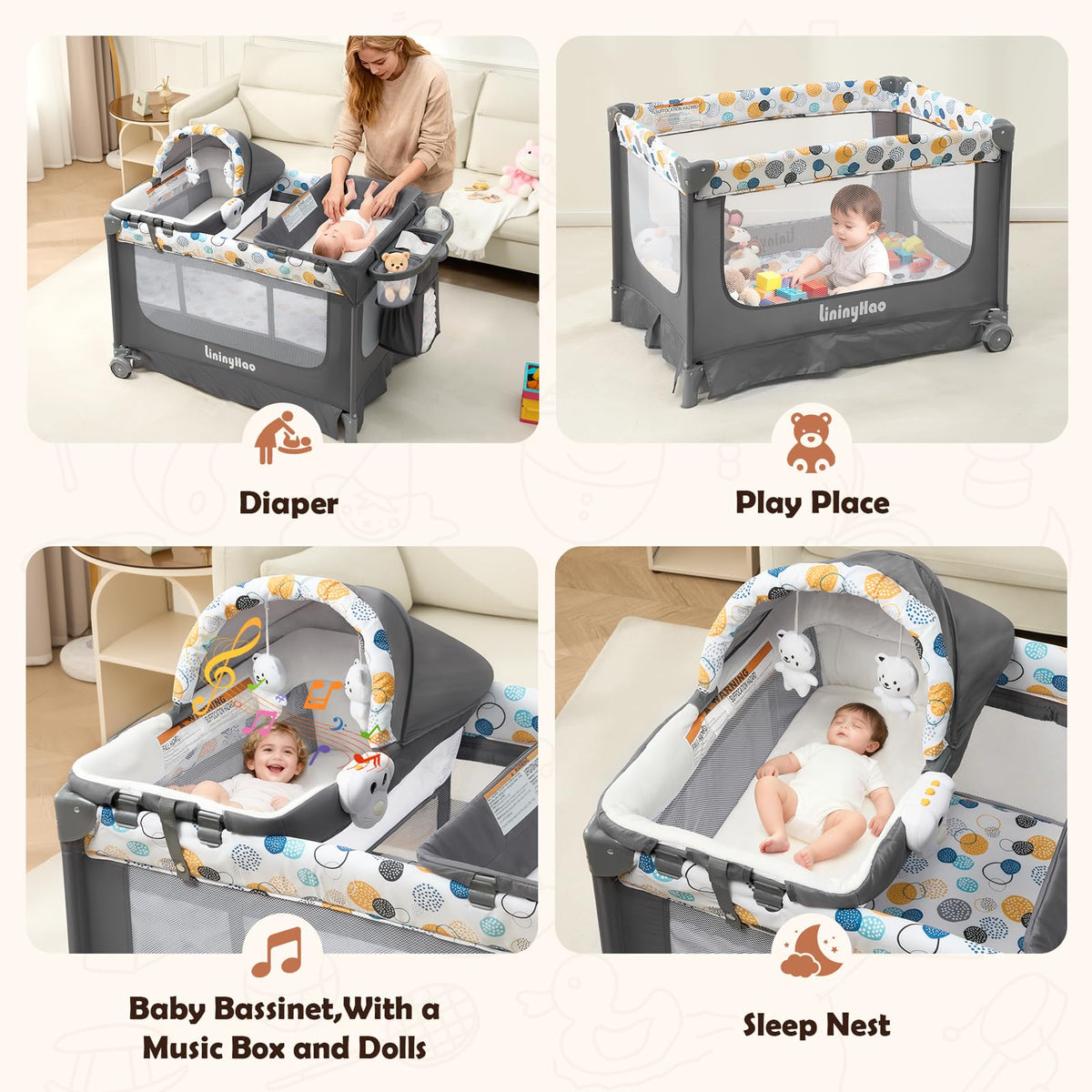 5-in-1 Pack and Play with Bassinet, Changing Table and Mat, Gray W774
