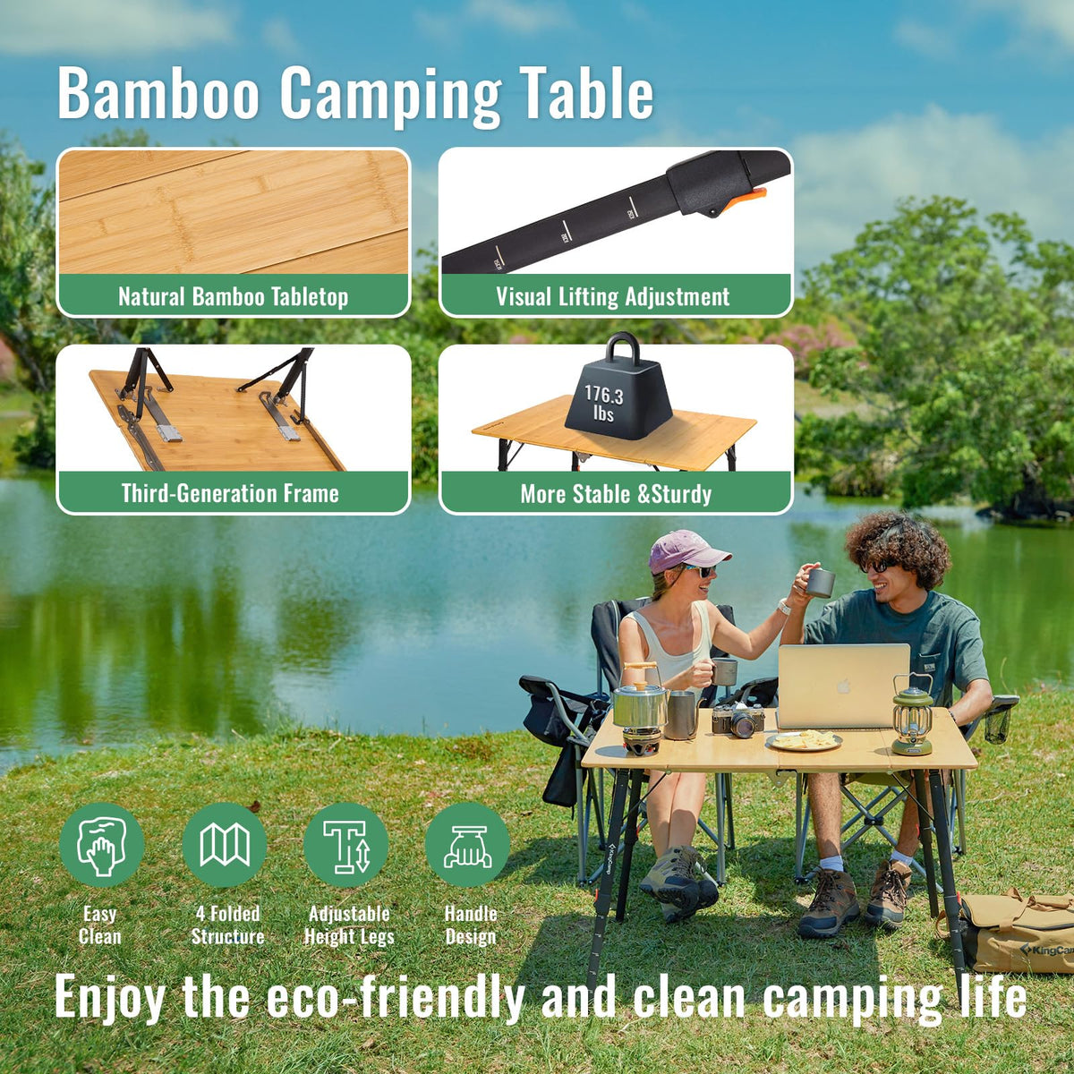 Bamboo Folding Camping Table with Adjustable Height I97723