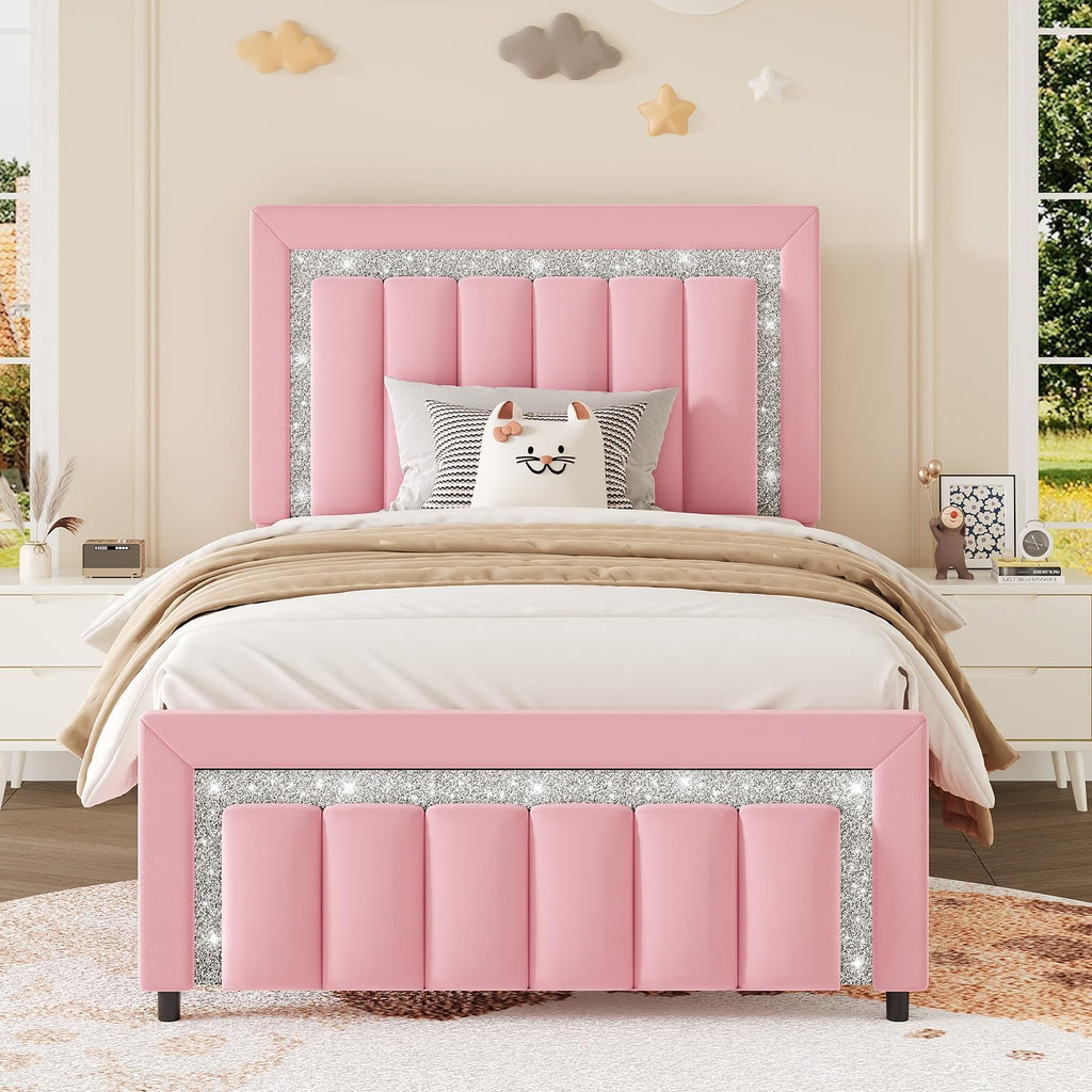 Twin Bed Frames with Upholstered Headboard, Pink N352922