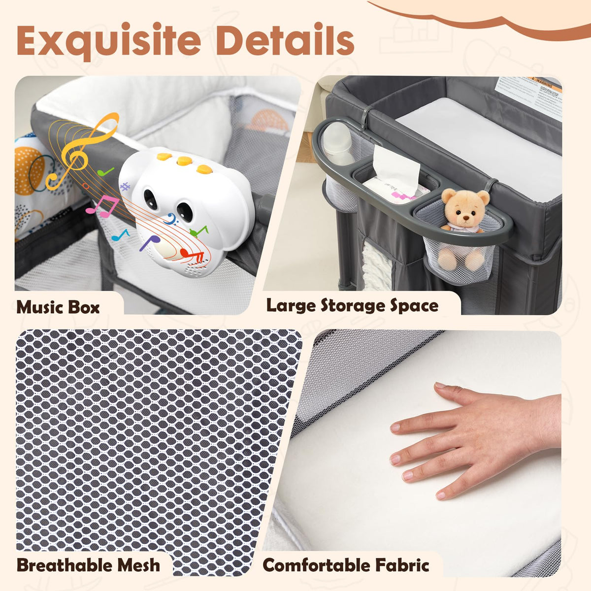 5-in-1 Pack and Play with Bassinet, Changing Table and Mat, Gray W774