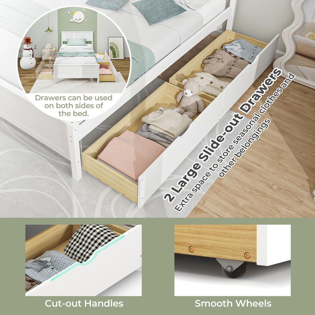 White Wood Twin Bed with 2 Storage Drawers D469