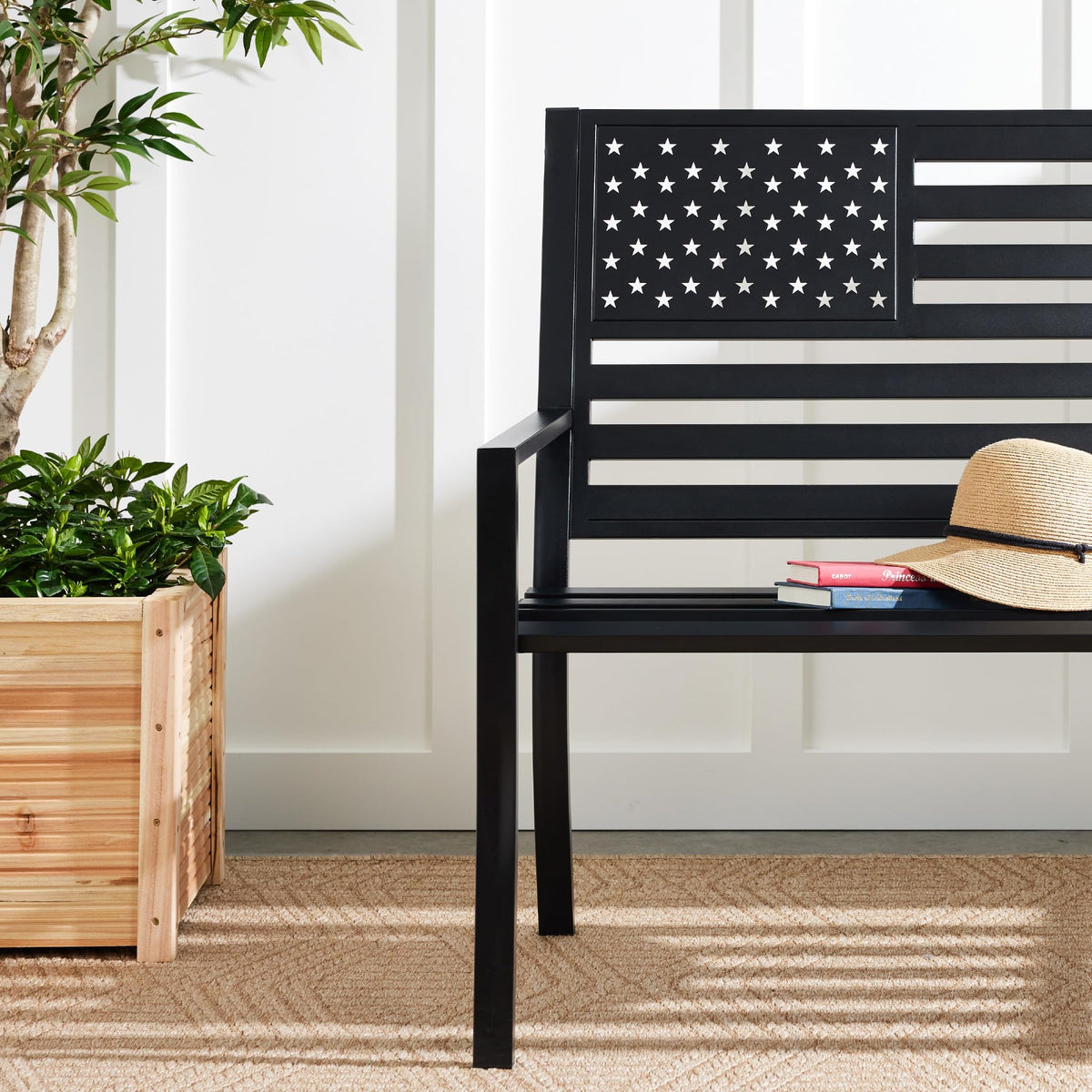2-Person Steel Indoor/Outdoor Bench with American Flag, 790lb Capacity - Black V7318