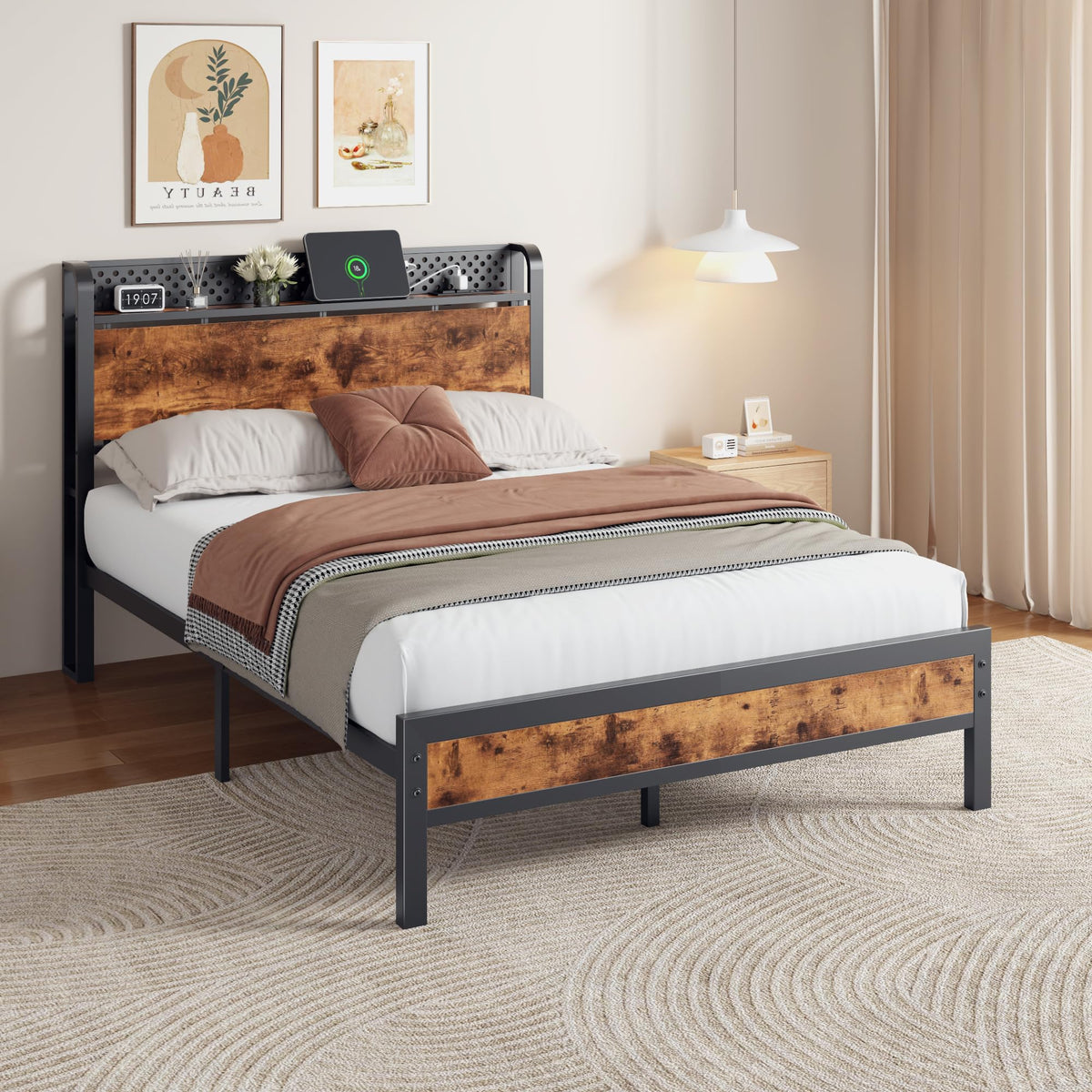 Full Bed Frame with Headboard and LED Lights R2156