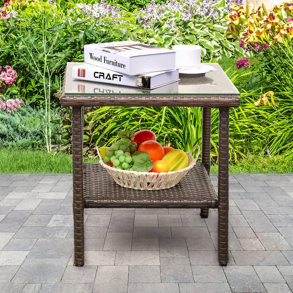 Outdoor PE Wicker Side Table with Glass Top D16004