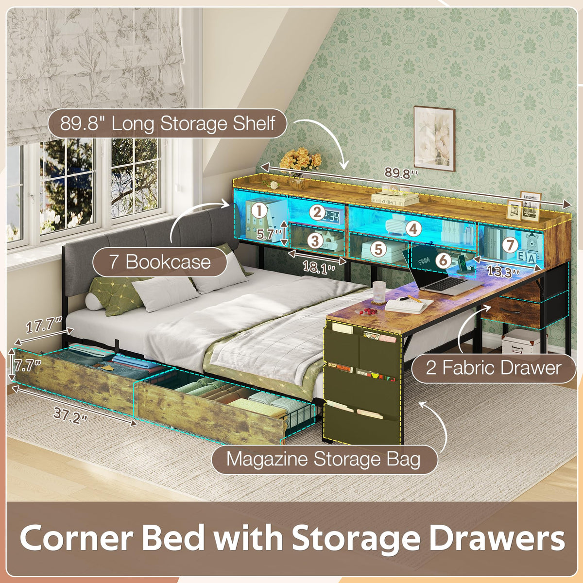 Corner Bed Frame Full Size with Storage & Desk M75508