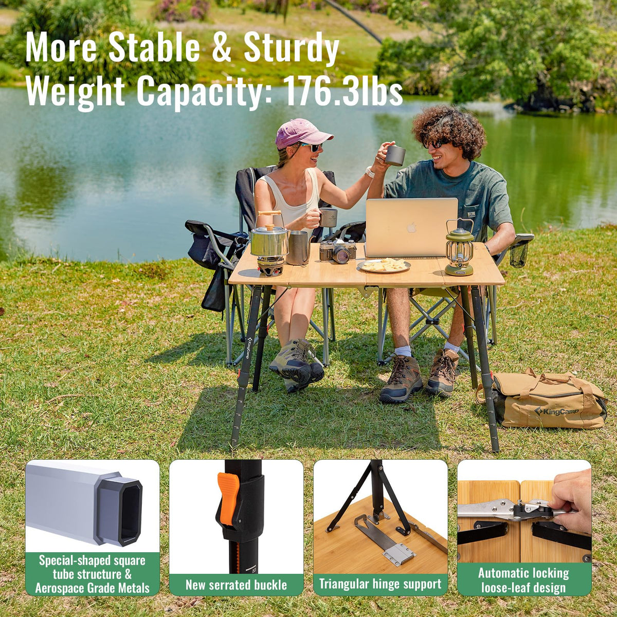 Bamboo Folding Camping Table with Adjustable Height I97723