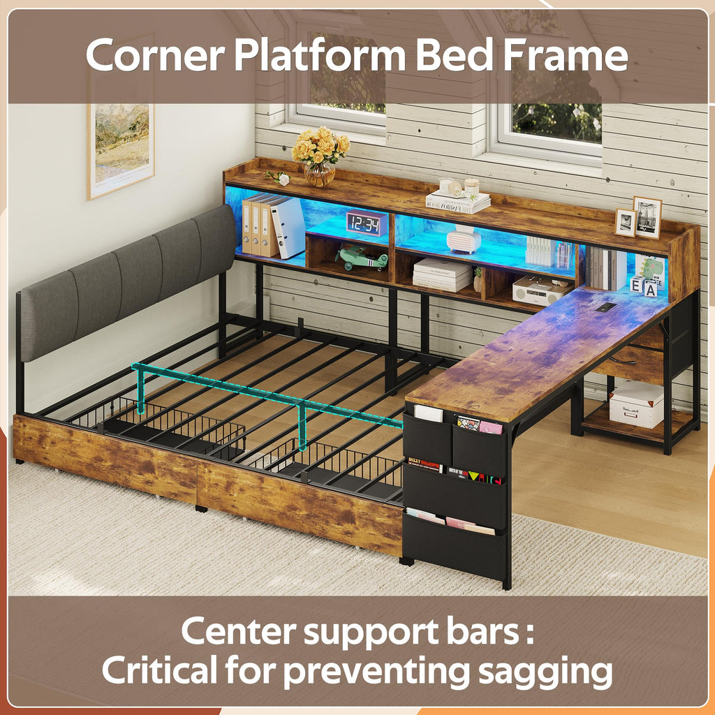 Corner Bed Frame Full Size with Storage & Desk M75508