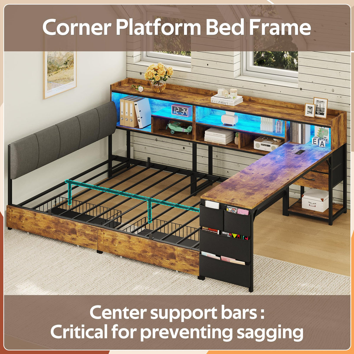 Corner Bed Frame Full Size with Storage & Desk M75508