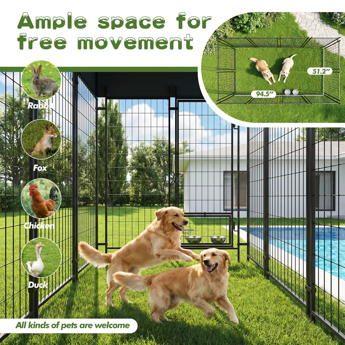 8x4x6 FT Outdoor Dog Kennel with Swivel Feeder W419