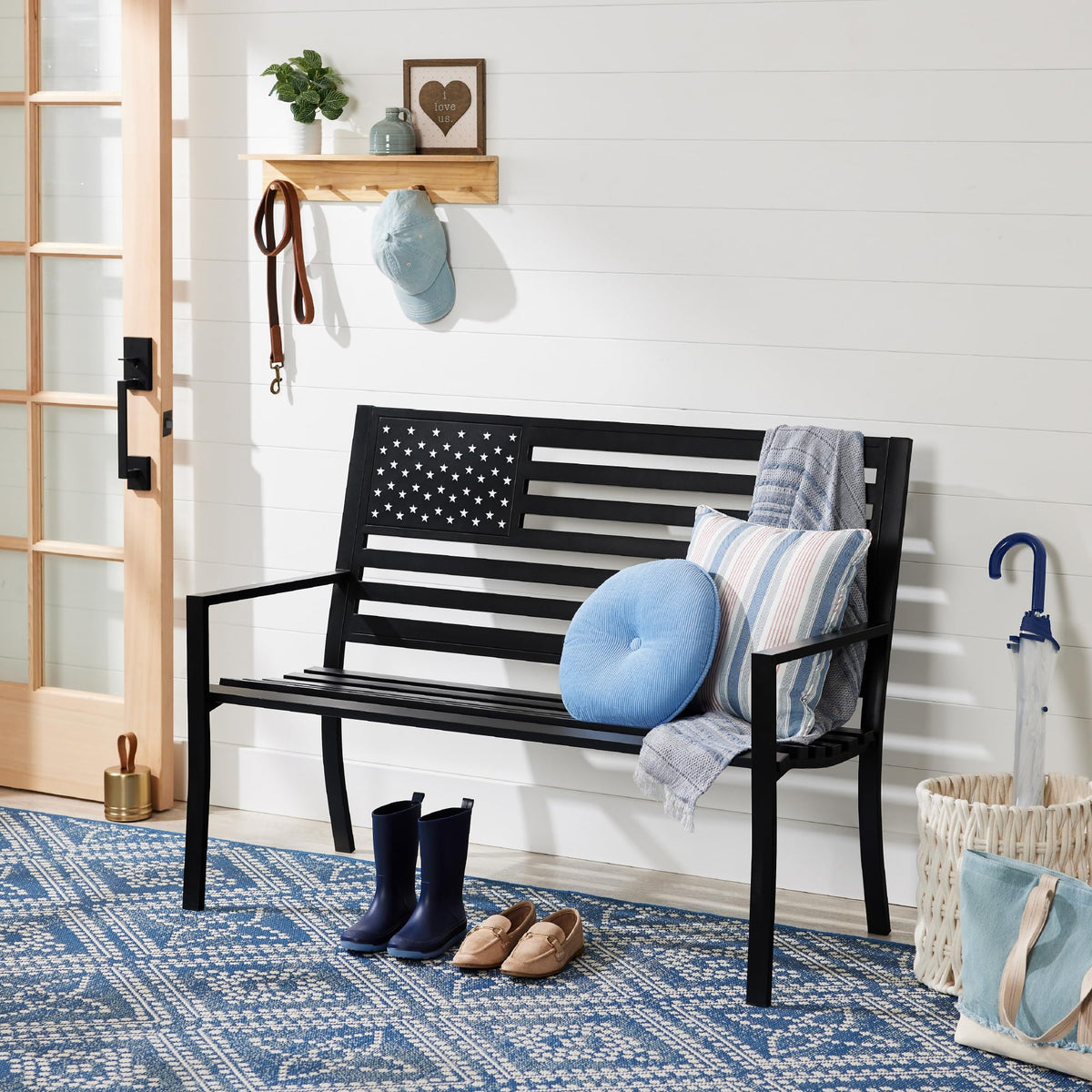 2-Person Steel Indoor/Outdoor Bench with American Flag, 790lb Capacity - Black V7318