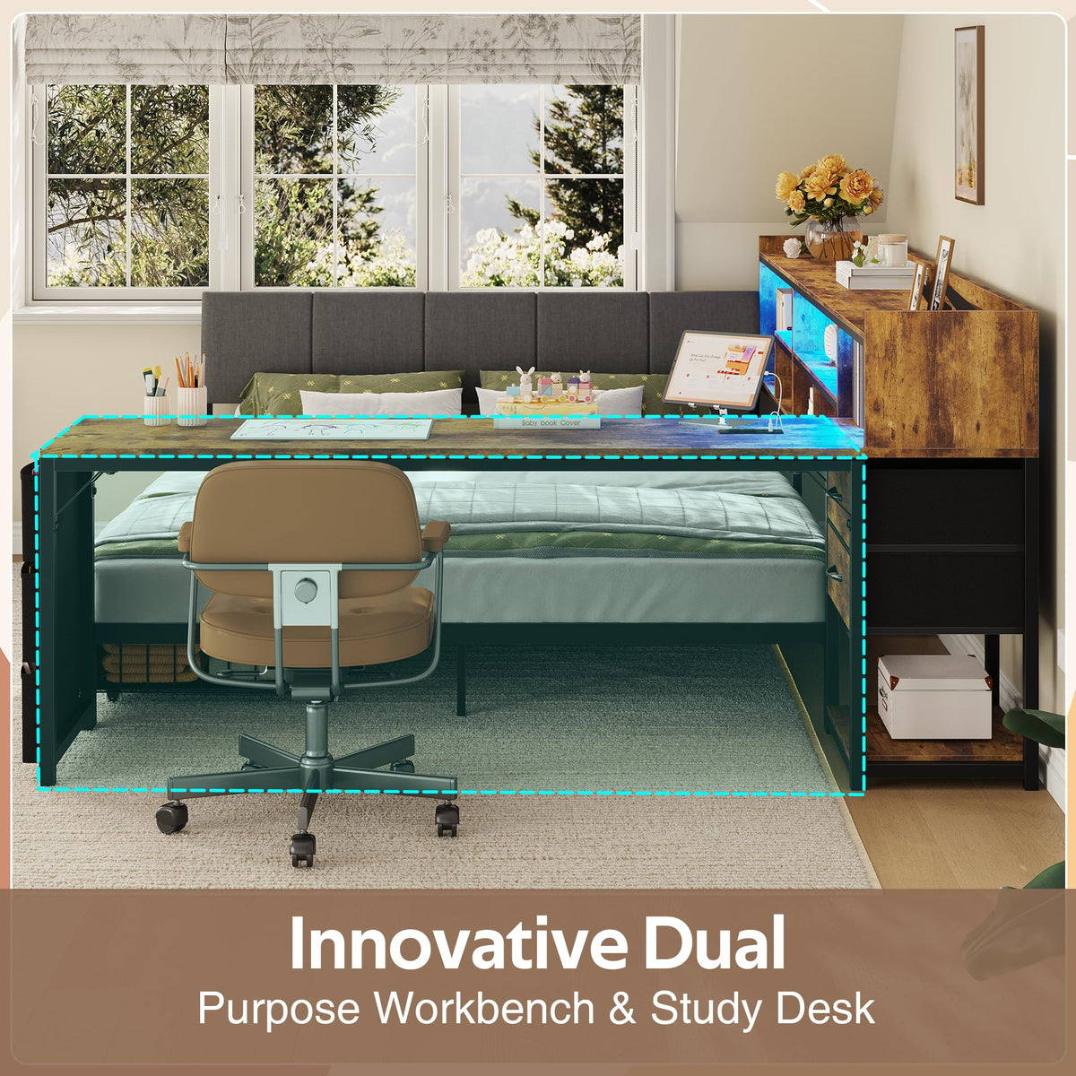 Corner Bed Frame Full Size with Storage & Desk M75508