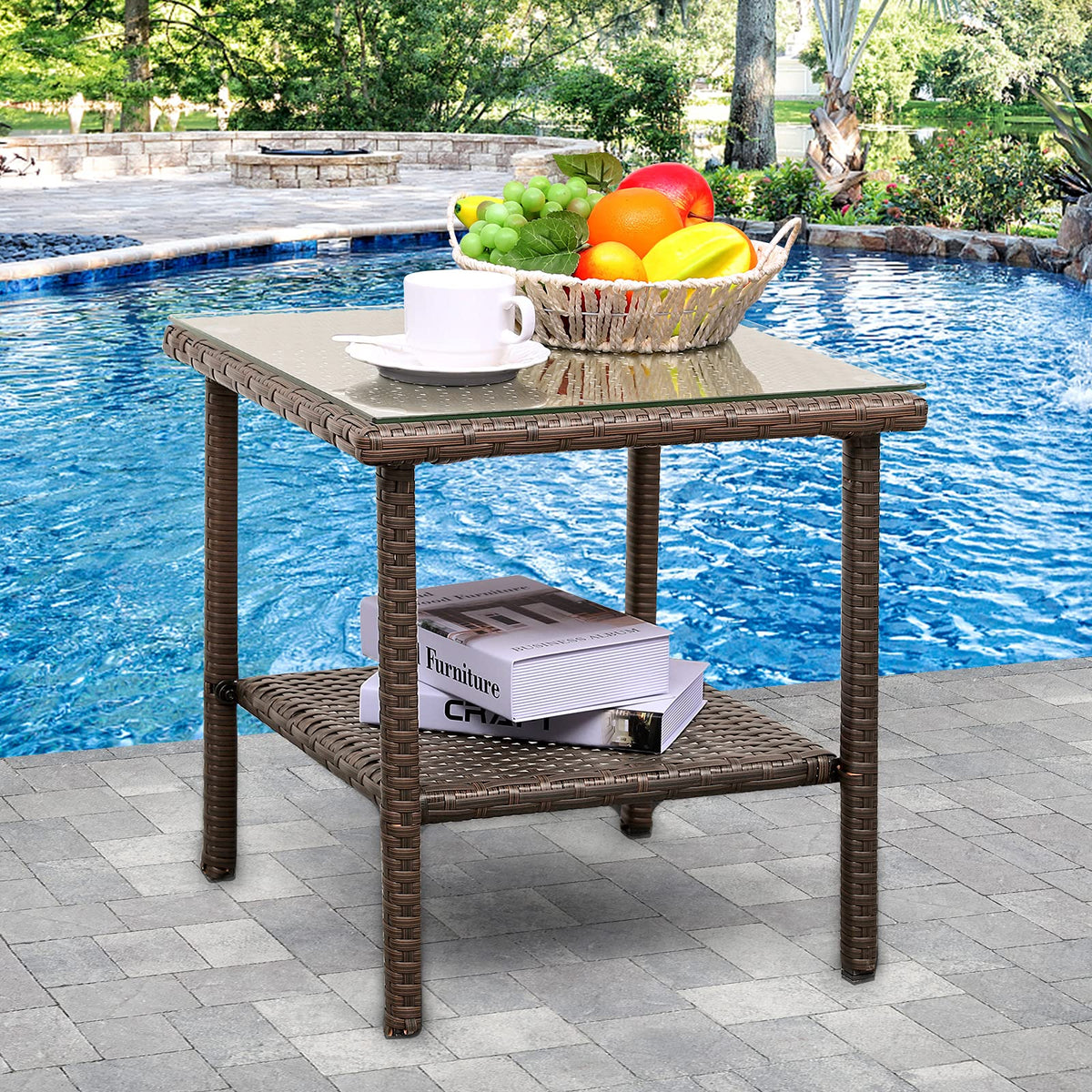 Outdoor PE Wicker Side Table with Glass Top D16004