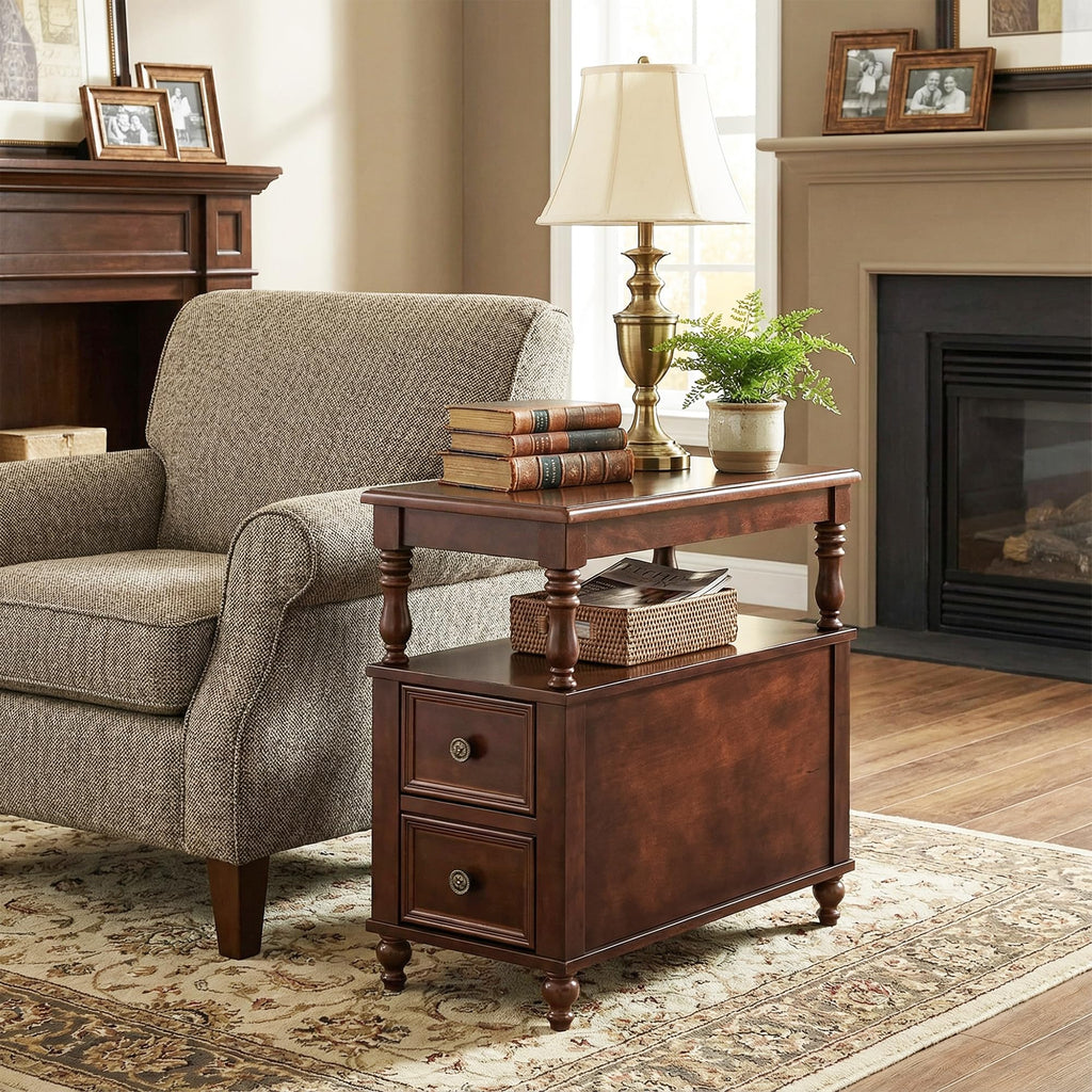 Cherry Finish Wood End Table with 2 Drawers M157913