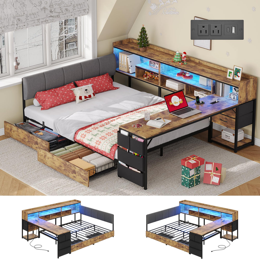 Corner Bed Frame Full Size with Storage & Desk M75508