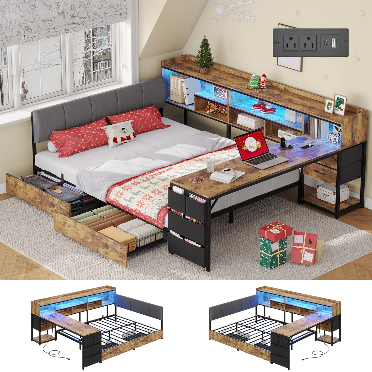 Corner Bed Frame Full Size with Storage & Desk M75508