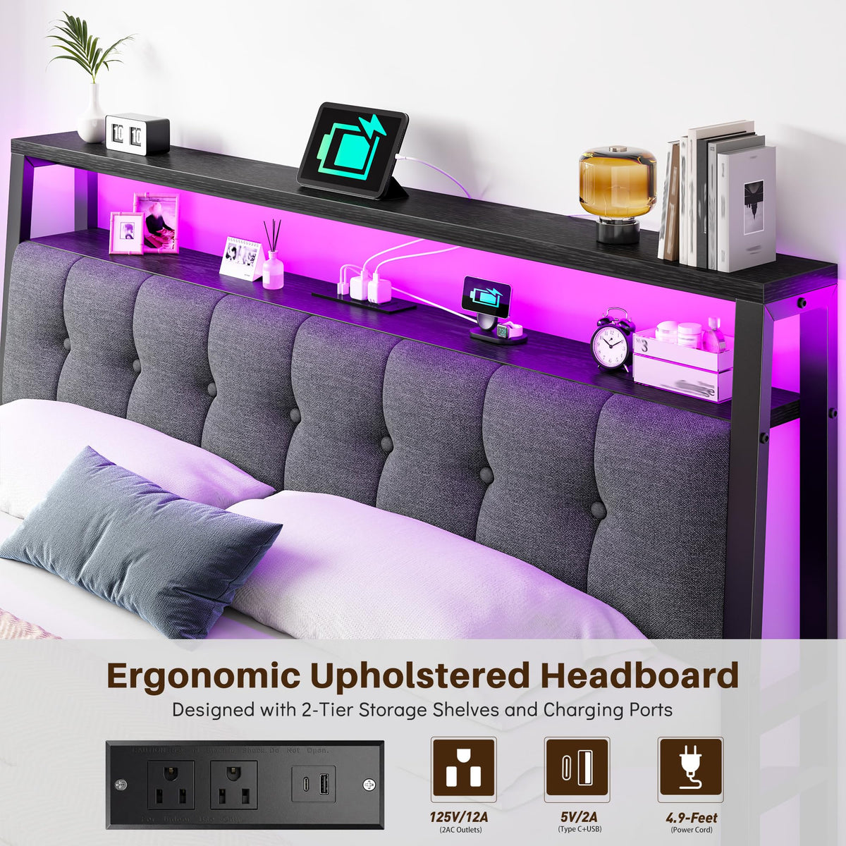 King Bed Frame with Charging Station Black H5533
