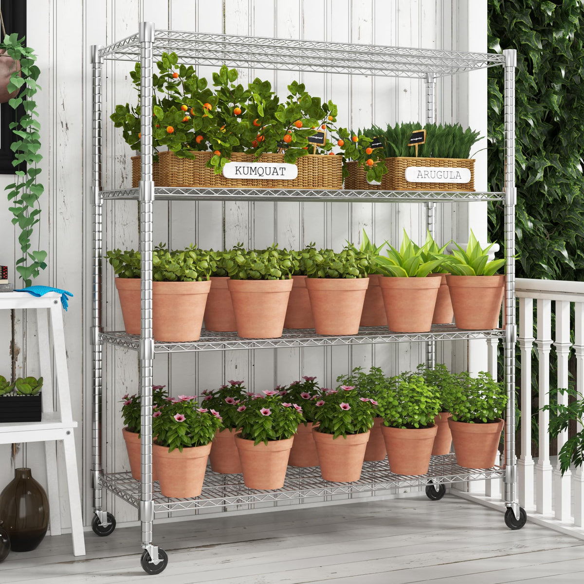 4-Tier Heavy Duty Metal Shelves with Wheels H7395