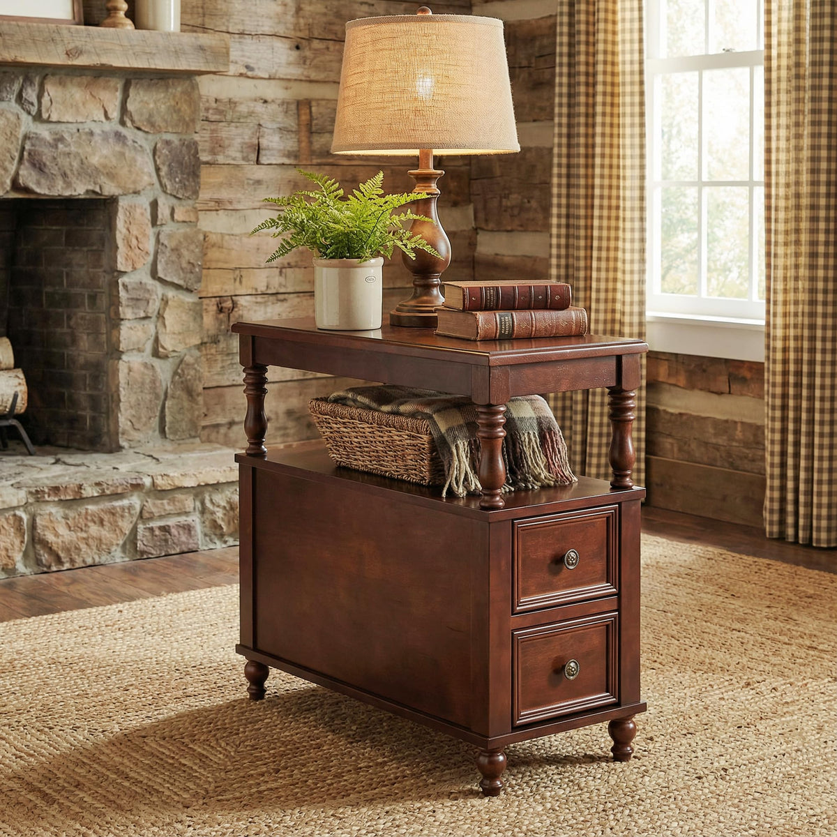 Cherry Finish Wood End Table with 2 Drawers M157913